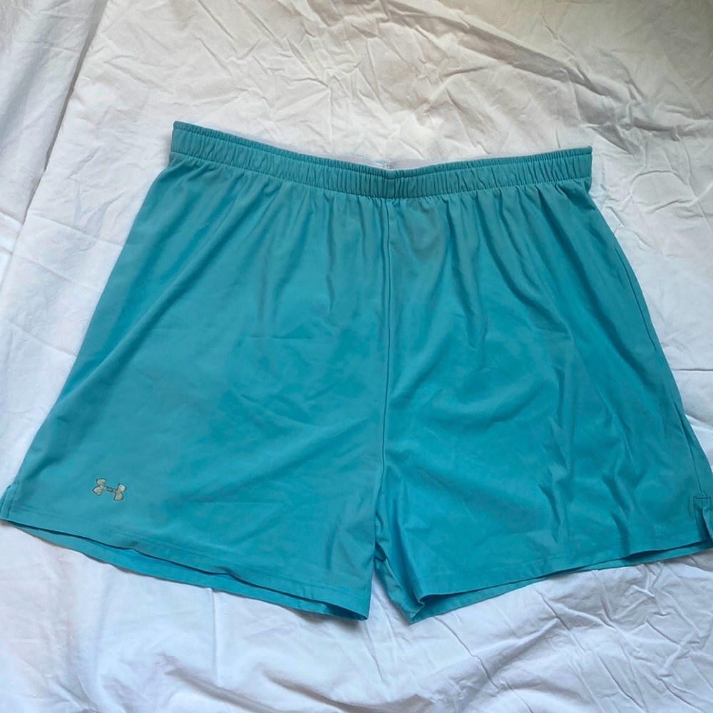 Teal athletic shorts with stretch waistband